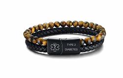 Vnox Type 2 Diabetes Medical Alert Id Two-strand Braided Leather Cuff Wristband Rope Bracelet With Magnetic Clasp For Men Boys Brown
