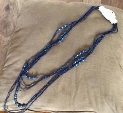 Blue String Layered Beaded Necklace - About 40cm Long