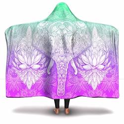 Freedomlook Green&purple Elephant Mandala Lotus Hooded Throw Blanket Elephant Lover Hood Blanket Teens And Adults 80 In X 55 In Sherpa