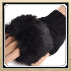 Glamorous And Practical Black Fashion Fingerless Knitted Gloves With Faux Furry Detail