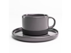 Flat Stackable Tea Cups & Saucers Set Of 4 Dark Grey