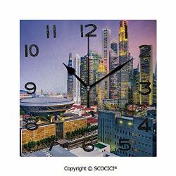 Scocici 8 Inch Square Clock Skyline Of Singapore At Evening Skyscrapers Stadium Active City Life Southeast Asia Decorative Unique Wall Clock-for Living Room Bedroom