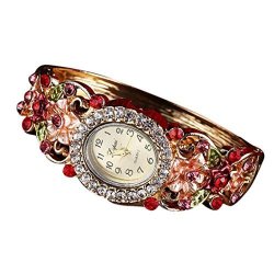 Bcdshop Watch Women Luxury Fashion Casual Quartz Elegant Crystal Wristband Bangle Watch Pink Alloy