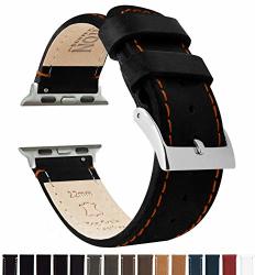 Barton Leather Watch Bands Compatible With All Apple Watch Models - 42MM Black Leather & Orange Stitching
