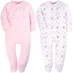YXD Fold Over Footed Baby Girls 2-PACK Pajamas 100% Cotton Blanket Sleeper Pajamas Set Printing Kitten And Air Hot Balloon No Mitten Cuffs Footed Pajamas 68CM