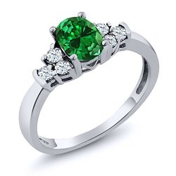 Gem Stone King 925 Sterling Silver Green Simulated Emerald And White Topaz Women Ring 0.92 Ct Oval Available In Size 5 6 7 8 9