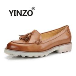 Yinzo Womens Retro Tasseled Leather Loafers - Beige 6