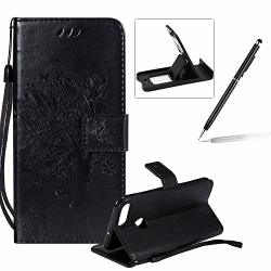 Herzzer Strap Leather Case For Huawei P Smart Bookstyle Magnetic Black Solid Color Flip Case For Huawei P Smart Premium Elegant Butterfly Tree Cat