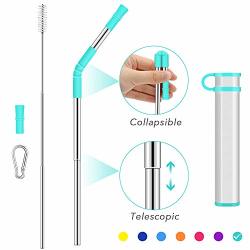 Collapsible Telescopic Straw Reusable Drinking Straws Portable Stainless Steel Metal Straw Folding Final With Carrying Case&cleaning Brush Keychain Carabiner&silicone Tips For Travel-turquoise