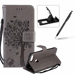 Herzzer Strap Leather Case For Huawei P Smart Bookstyle Magnetic Grey Solid Color Stand Flip Case For Huawei P Smart Premium Elegant Butterfly Tree