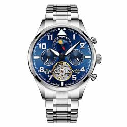 Men's Watches Automatic Tourbillon Mechanical Wrist Watch For Men Waterproof Stainless Steel Business Wristwatch Big Digital Luminous Dial Moon Phase Silver Blue 8626