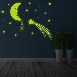 47" X 35" Glowing Vinyl Wall Decal Moon With Stars Sky Glow In The Dark Decor Sticker ?rescent Luminescent Mural