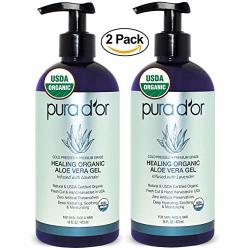 Pura D'or Organic Aloe Vera Gel Lavender Scent 2 Pack Of 16OZ Usda Certified - Deeply Hydrating Moisturizing Skin & Hair - Sunburn Bug