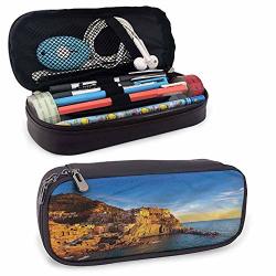 Italian Pu Leather Small Pencil Pouch Mediterranean Village Cliff For Pens Pencil Samsung Stylus Tools USB Cable And Other Accessories 8"X3.5'X1.5'