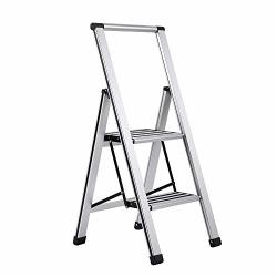 Home Birdrock 2-STEP Slim Aluminum Step Ladder - Sturdy Thin Folding Stool - 2 Anti-slip Steps - Wide Platform - Great For Your Kitchen