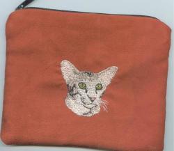 Embroidered Cat On Make Up Bag - Oriental On Rust