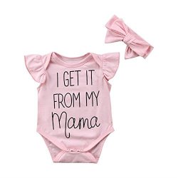 Newborn Baby Girls Cute Ruffle Bodysuit I Get It From My Mama Letters Print Sleeveless Romper With Pink Headband 6-12M Pink