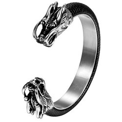 Oidea 120MM Stainless Steel Bikers Dragon Head Open Cuff Bangle Bracelet Inalided With Black Leather Inner Diameter 2.5 Inch