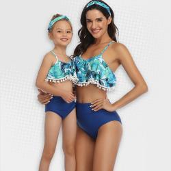 Iconix 2 Piece Nylon Matching Bikini Swimwear Bathing Suits For Mom Or Daughter - Blue - Leaf Print - Size 4 To 5 Years