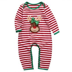 Baby Boys Girls Christmas Long Sleeve Red White Striped Reindeer Romper 100 18-24M A