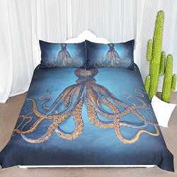 Arightex Gold Octopus Bedding Nautical Sea Octopus In Blue 3 Piece Sea Creature Duvet Cover Cool And Retro Bedspread For Kids Teens Adults Queen