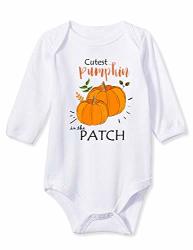 Funnycokid Baby Thanksgiving Gift Newborn Boys Girls Jumpsuit Cutest Pumpkin In The Patch Long Sleeve Cotton Rompers Baby Infant Layette Bodysuit 3-6 Months