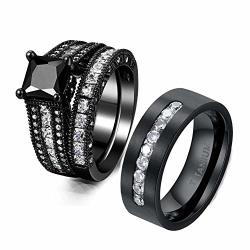 Iou His Hers Wedding Ring Sets Couples Rings Women's Black Gold Plated White Cz Ring Wedding Engagement Ring Bridal Sets Men's Titanium Wedding Band