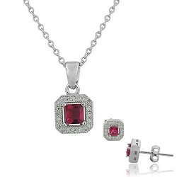 925 Sterling Silver Pink White Cz Square Charm Womens Pendant Necklace Stud Earrings Set