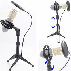 Desktop Microphone Tripod Suspension Stand With Shock Mount Anti-vibration MIC Holder And 4" Round Mask Shield Double-net Wind Screen Pop Filter Large Black