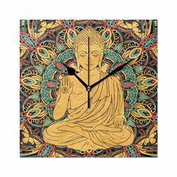 Montoj Buddha Statue Boho Pattern Dual Alarm Clock Round Wall Clock Desk Clock Stand Clock