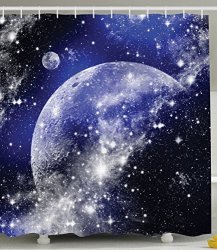 Galaxy Nebula Shower Curtain Full Moon Phase Starry Night Sky Universe Infinity And Space Bathroom Decorations In Apartment Decor For Dorms Blue Navy White