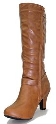 Fashion Fous Women's Carley Knee High Side Zipper Leatherette Pull On Heeled Boots 10 Cognac