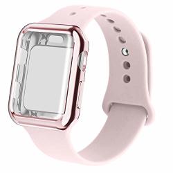 RUOQINI Smartwatch Band With Case Compatiable For Apple Watch Band Silicone Sport Band And Tpu Case For Series 4 3 2 1 Pink Sand Band With Rose