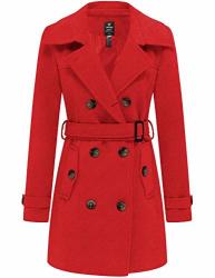 Wantdo Women's Mid-long Double Breast Pea Coat Trench Coat With Belt Red XL