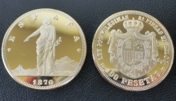 100 Pesetas 1870 Spain Gold Clad Steel Coin Proof