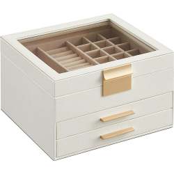 Songmics Jewellery Box With Glass Lid White With Gold Latch