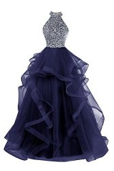 Pettus Women's Beads Keyhole Back Prom Dresses Long High Neck Sequins Evening Gowns Navy Blue