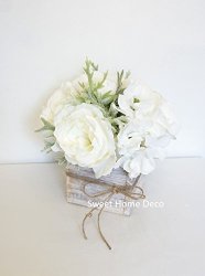 Sweet Home Deco 8" Silk Rose Peony Hydrangea Mixed Flower Arrangement W Wood Vase Wedding Home Decorations White