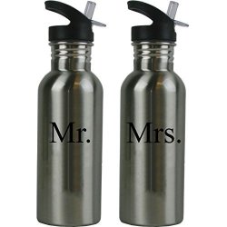 Customgiftsnow Mr. And Mrs. Stainless Steel Water Bottle Wedding Set With Straw Flip Tops 20 Ounce 600ML Sport Water Bottles