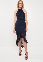 navy lace high neck fishtail midi dress