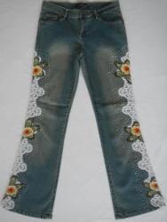 Designer Jean - Stonewashed Denim With Lace And Beading Detail - Size 10 Straight Leg