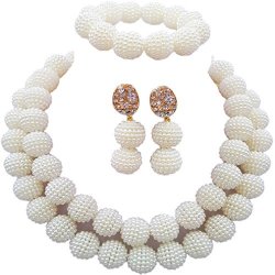 laanc 2 Layer 18 inch African Pearl Necklace Bracelet Nigerian Wedding Festival Jewelry Set 