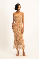 Keira Cowl Neck Ruffle Dress - Brown Zebra Print - XS