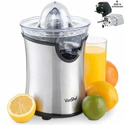 Vonshef 220 240 Volt Citrus Fruit Juicer Machine 100W For Orange Lemon Lime Juice - Electric With Interchangeable Cone Attachments - Bundle With Dynastar