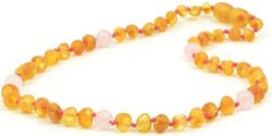 Raw Amber Teething Necklace With Quartz Beads - 12.6 Inches - Baltic Amber Land - Unpolished Honey Certified Baltic Amber Beads - Knotted - Screw Clasp