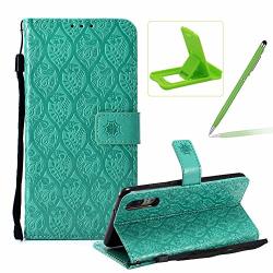 Green Leather Case For Huawei P20 Strap Wallet Case For Huawei P20 Herzzer Bookstyle Classic Elegant Pretty Flower Design Magnetic Stand Flip Leather Case