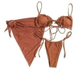 Women's Wrap Triangle Bikini Bathing Suits With Mesh Beach Skirt - Brown - XL