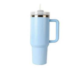 Tumbler With Handle Straw Lid Stainless Steel Travel Mug Water Bottle - Baby Blue