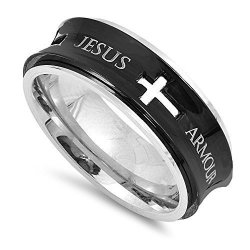 Spinner Black Ring Jesus Armour Of God Eph 6:11 Stainless Steel Christian Bible Verse Scripture Jewelry 8