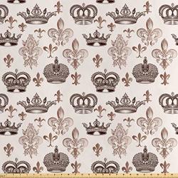 Lunarable Fleur De Lis Fabric By The Yard Crowns And Fleur-de-lis Shapes In Engraved Style Fame Symbolic Artwork Print Decorative Satin Fabric For Home